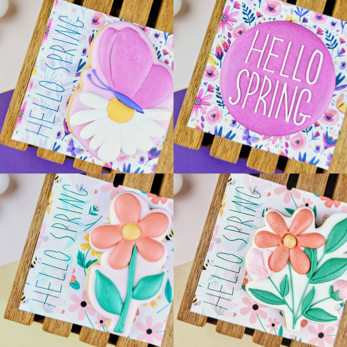 Four spring-themed decorative cookie cards arranged in a 2x2 collage on a wooden slatted surface. Decorated Spring purple and coral spring inspired cookies on decorative card backings.

Spring Cookies 2026- Cape Town